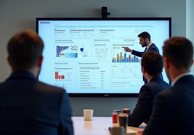 Business leaders discussing R&D strategy with data visualization in background